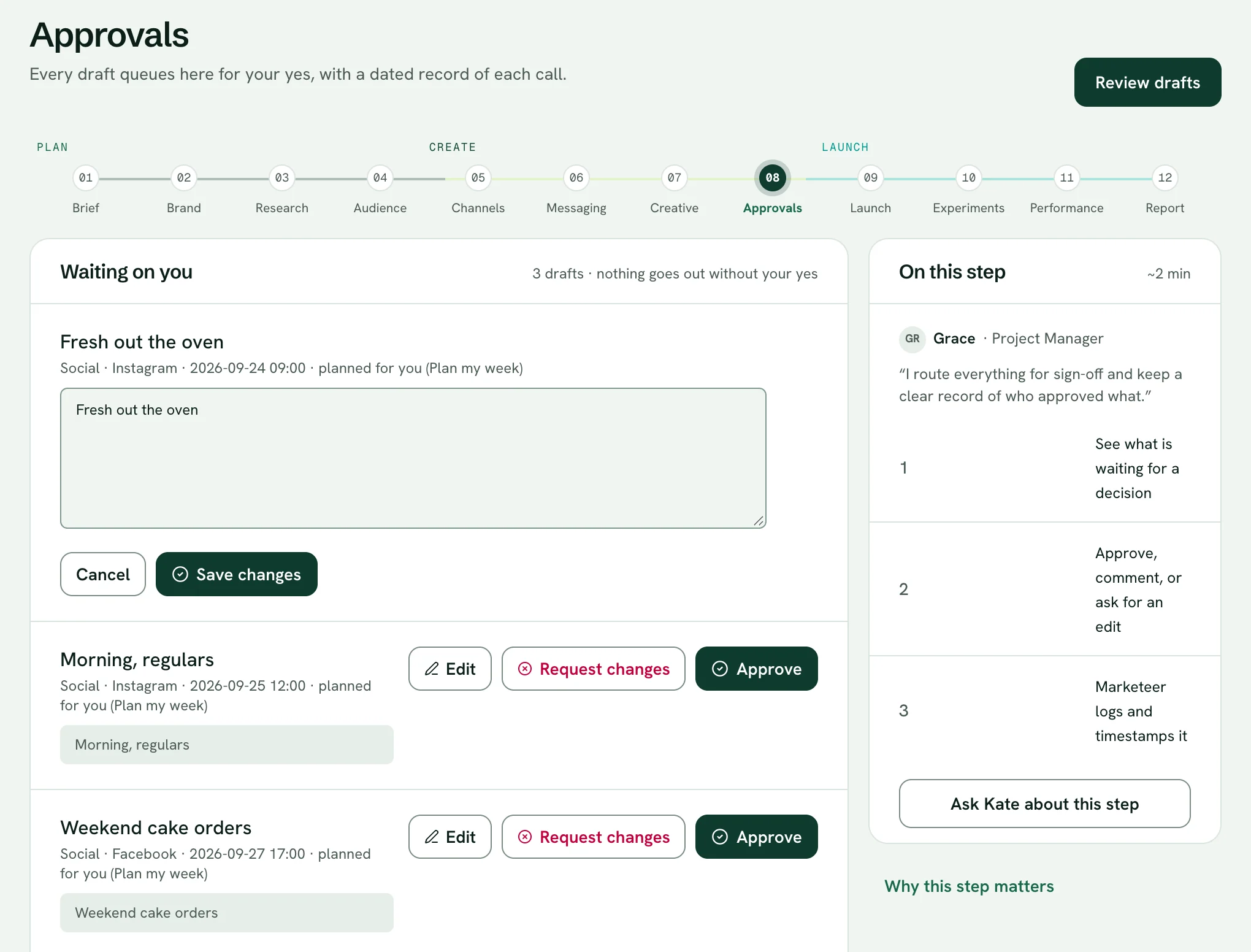 A draft open for editing on the approvals screen, with Cancel and Save changes.