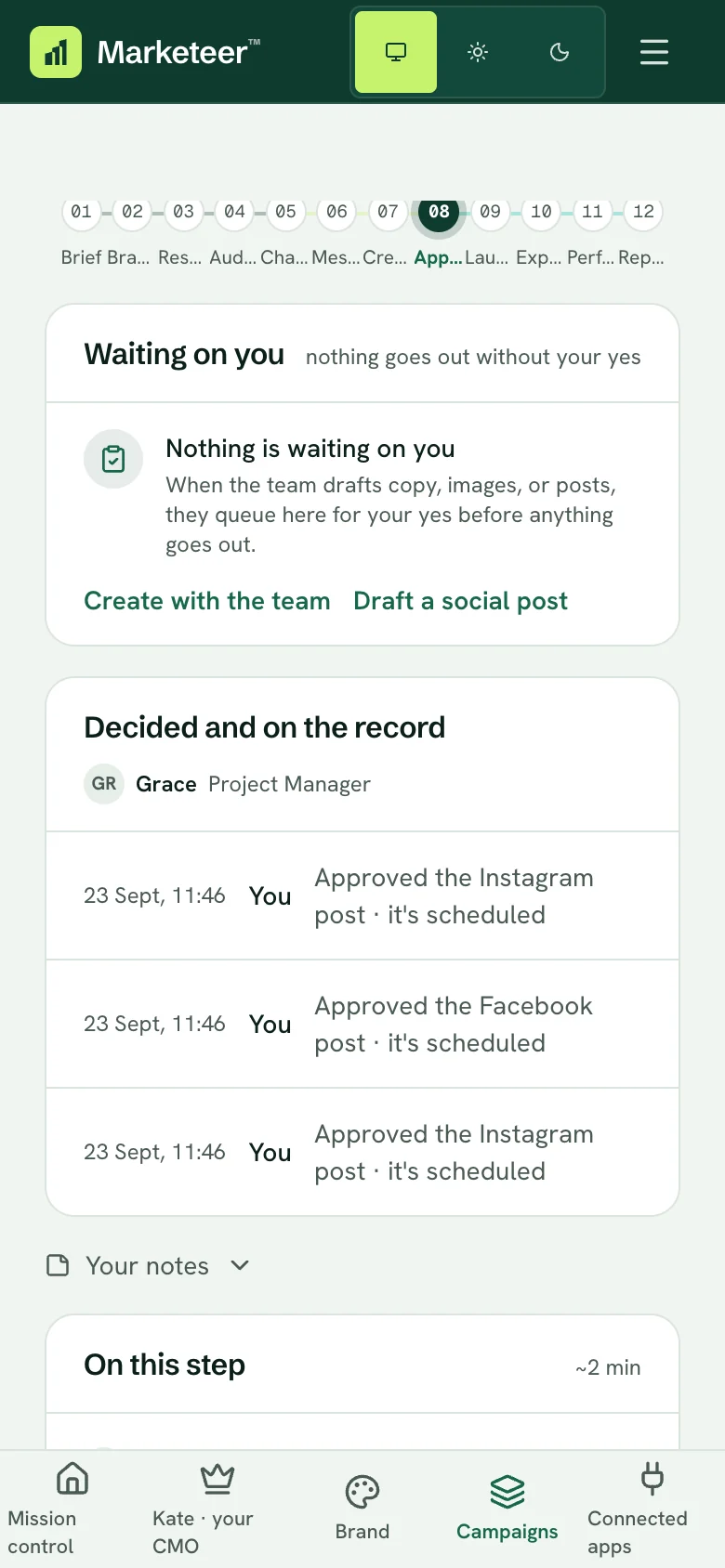 The approvals screen on a phone: nothing waiting, and three posts you approved, each now scheduled.