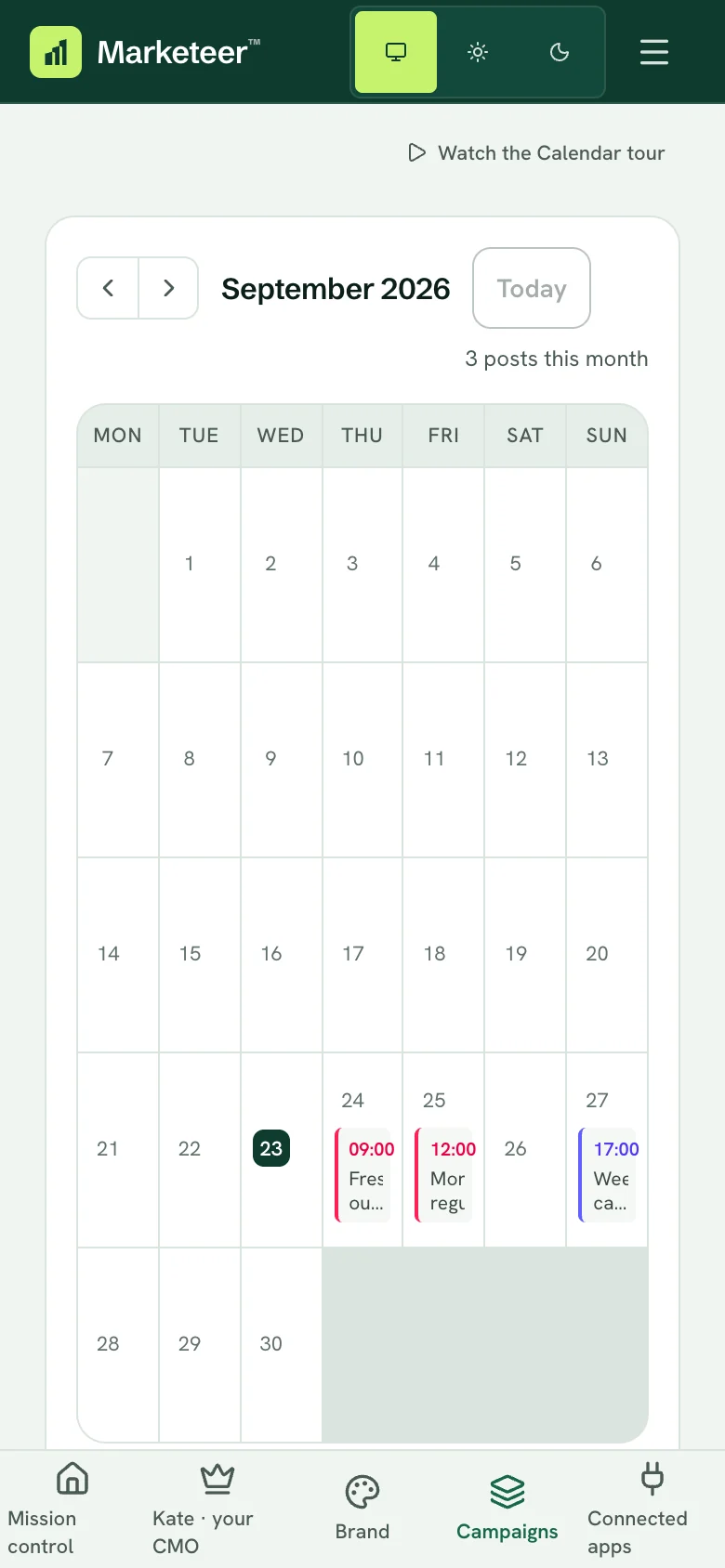The app's calendar on a phone: September, with the example bakery's three drafts on the 24th, 25th and 27th.