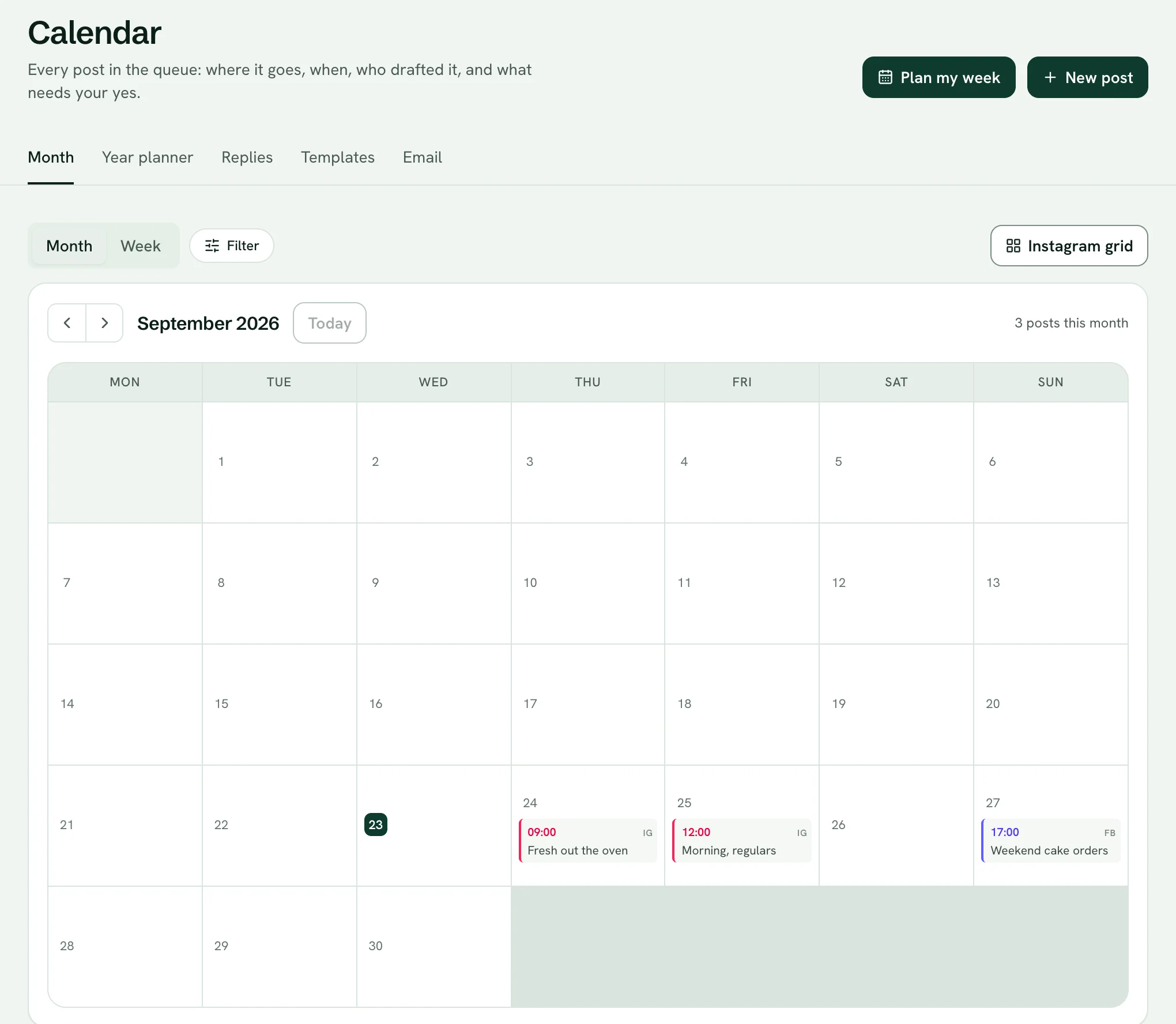 The calendar's month view for September, with the week's three posts on their days.