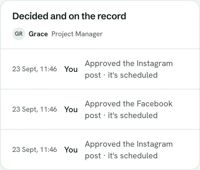 The app's approval record: you approved an Instagram post, a Facebook post and another Instagram post, and each is now scheduled.