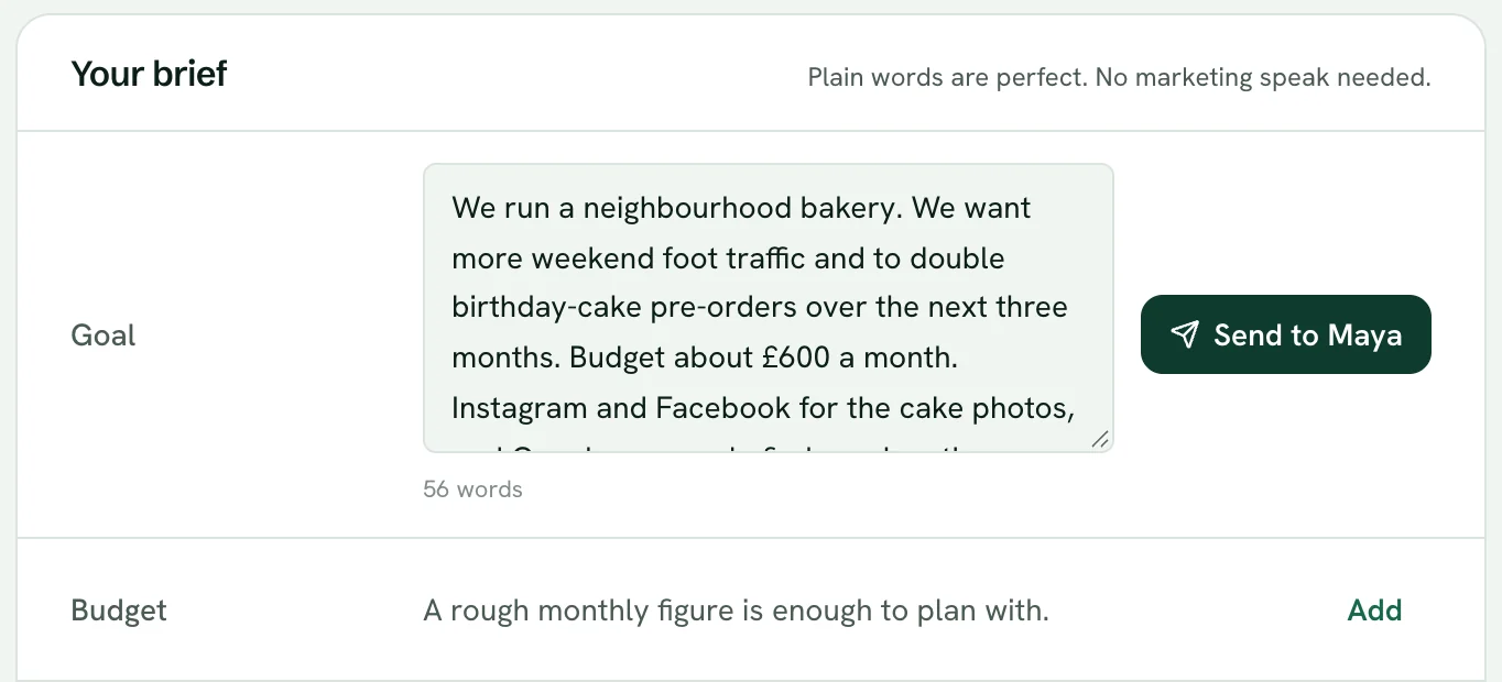 The app's brief screen: the bakery's goal written in plain words, with a Send to Maya button.