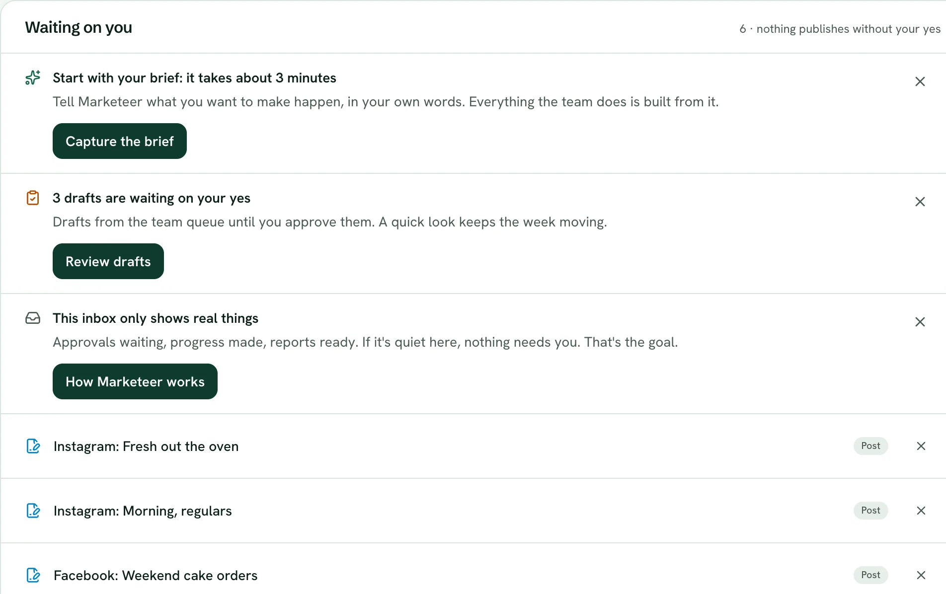 The app's inbox: three drafts are waiting on your yes, listed as two Instagram posts and a Facebook post.