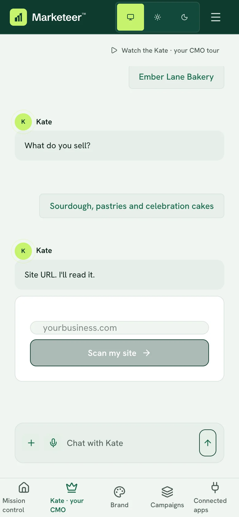 Kate's chat on a phone: she asks what the business sells, and the owner answers sourdough, pastries and celebration cakes.
